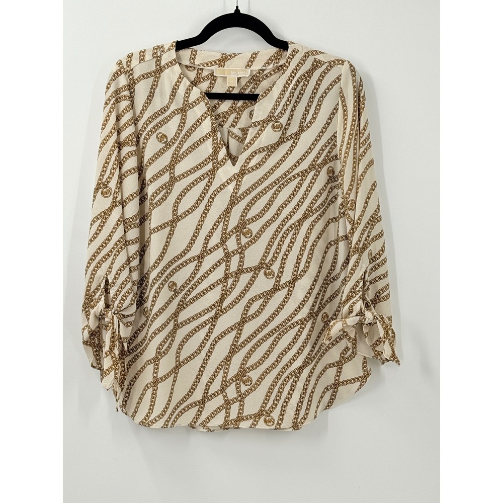 Michael Kors Chain Link Scarf Print‎ V-Neck Top Womens sz M office academia